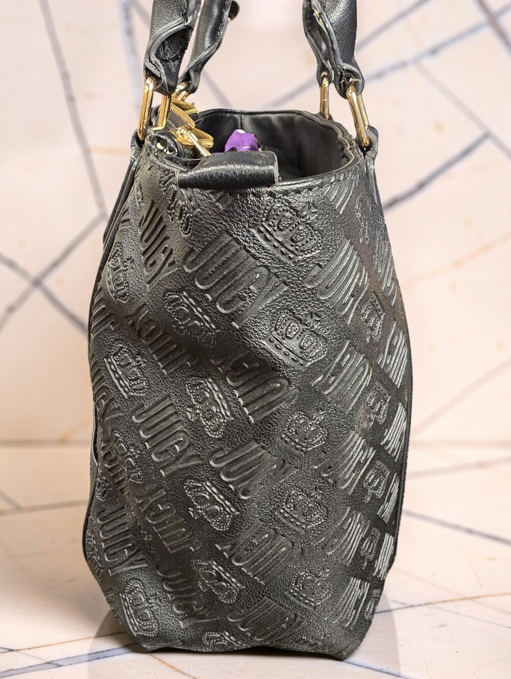 Juicy Couture Fame Satchel Black Debossed Monogram Speedy Bag - Picture 4 of 13